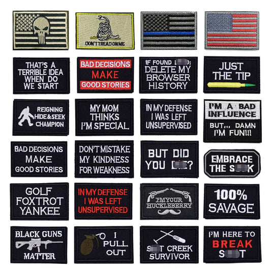 YLY Tactical Morale Embroidered Patch - 24pcs Military Funny Slogan Hook and Loop Patches for Cap,Bag,Backpack,Vest,Hat,Helmet,Gear,Uniforms