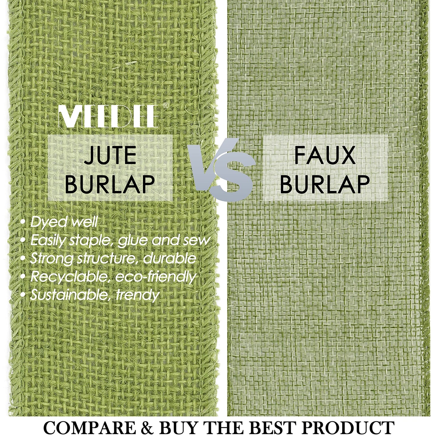 MEEDEE Sage Green Burlap Ribbon 2.5 inch Natural Jute Burlap Ribbon Sage Ribbon Burlap Roll Jute Ribbon Craft Ribbon Fabric Ribbon for Rustic Party Wedding Decorating Wreath Bows Making (10 Yards)