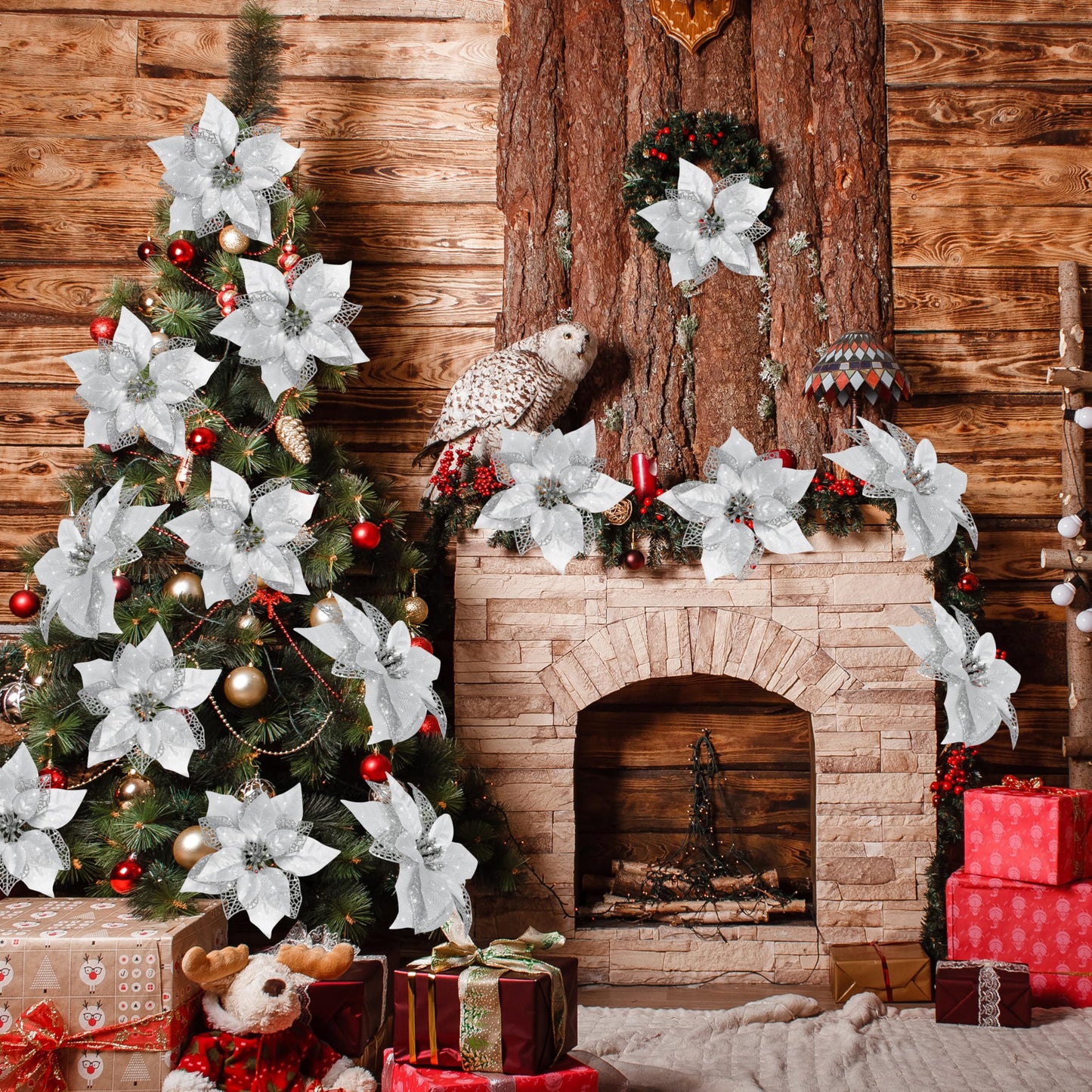 12 PCS Poinsettia Flower Artificial Poinsettia Christmas Decoration 8.7'' Silver Glitter Poinsettias Christmas Ornaments Christmas Tree Flower Decor with Clips DIY Xmas Wreath Holiday Home Party Decor