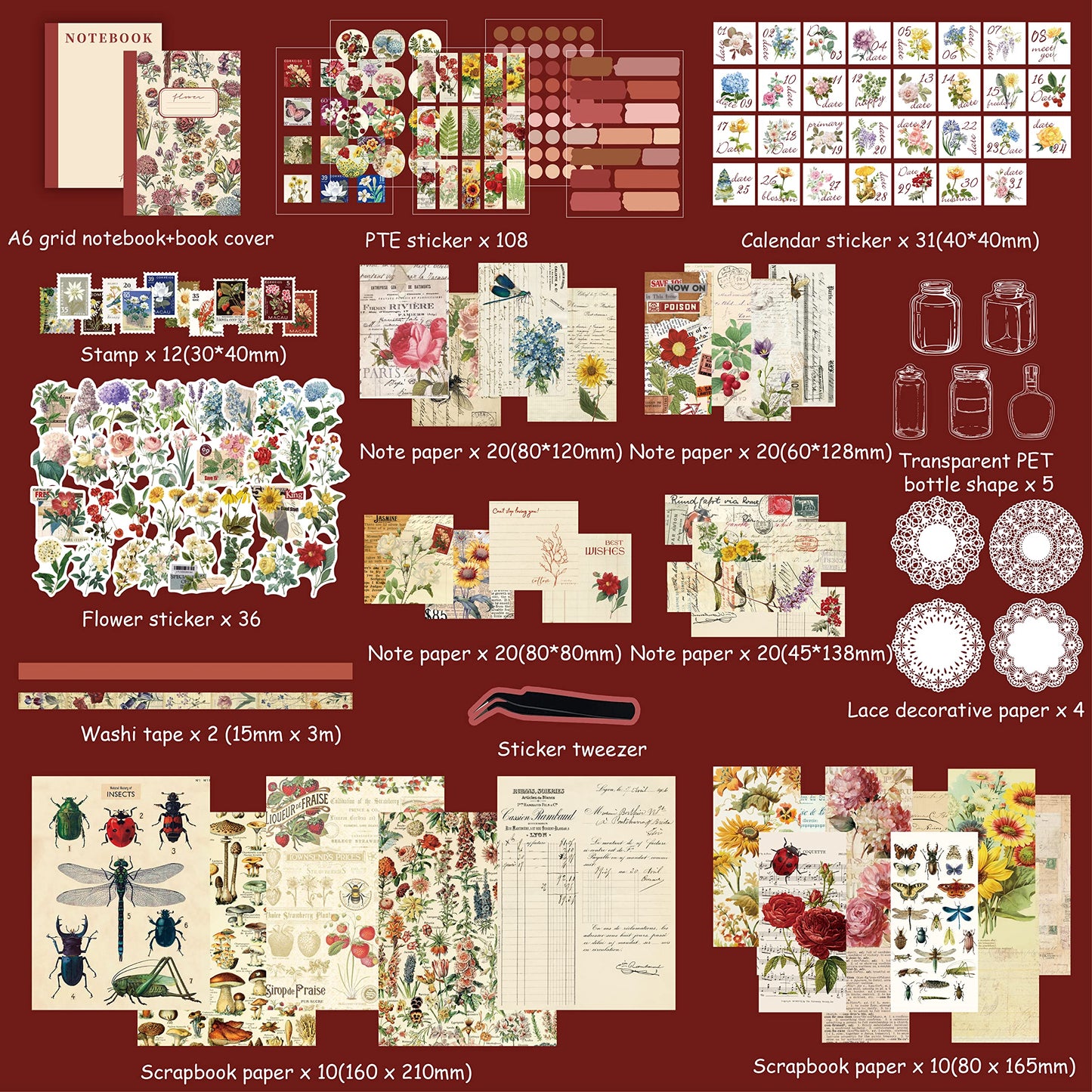 emmoolife Vintage Aesthetic Scrapbooking Supplies Kit, Flowers Botanical Bullet Junk Journal Kit with Journaling Supplies, Tweezers, A6 Grid Notebook,Stationery,Sticker, Birthday Craft Gift for Adult